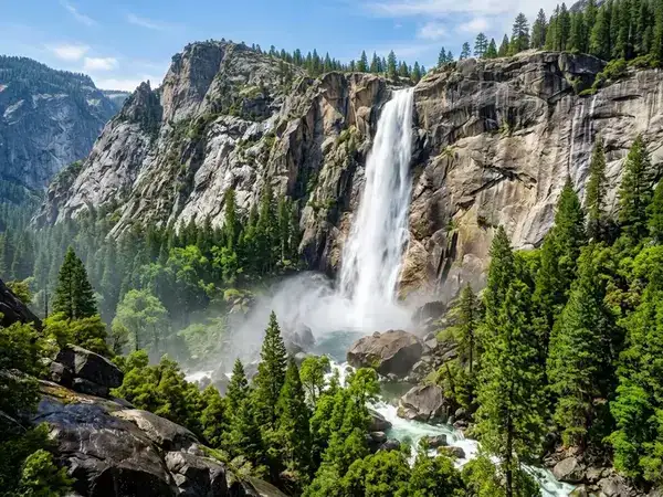 Mist rising over Vernal Falls in Yosemite Valley